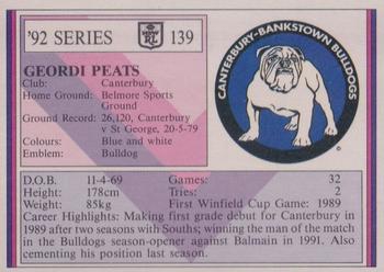 1992 Regina NSW Rugby League #139 Geordi Peats Back